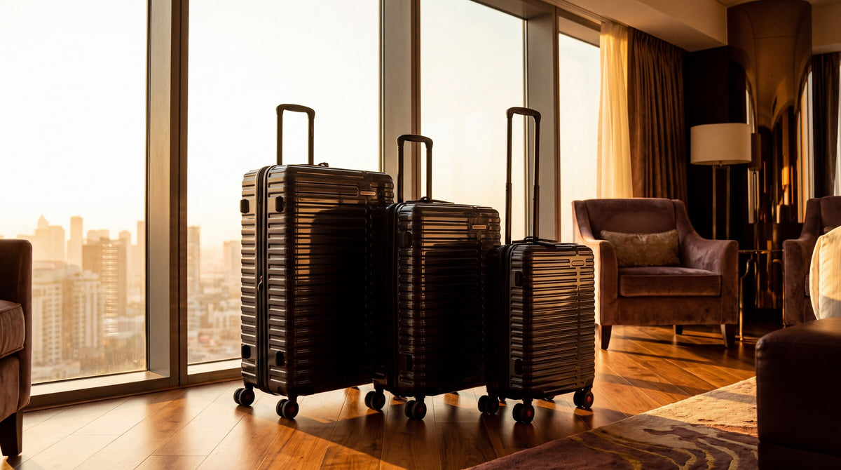 Bell + Howell luggage set in a luxury hotel at golden hour